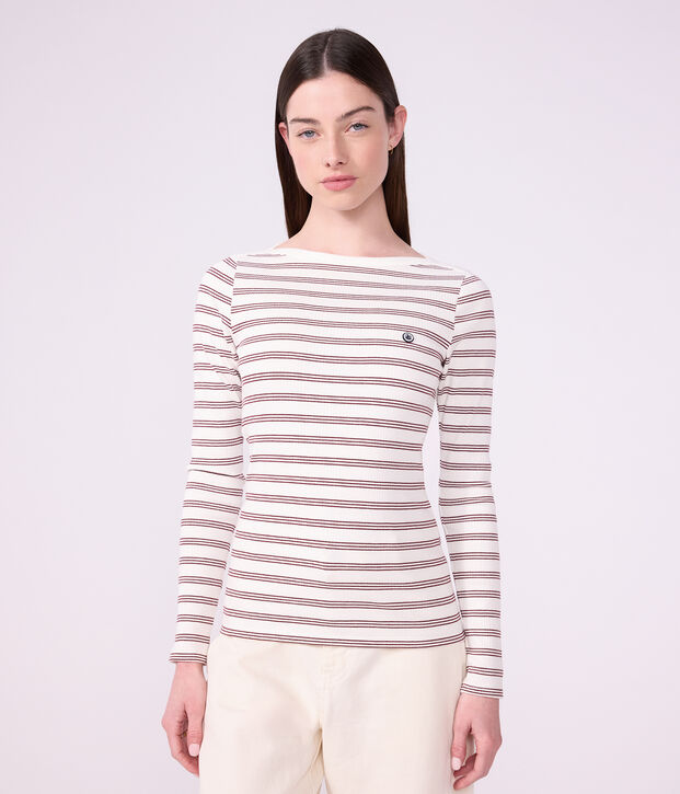 T-shirt a maniche lunghe con scollo a barca in cotone a righe donna bianco/rosso