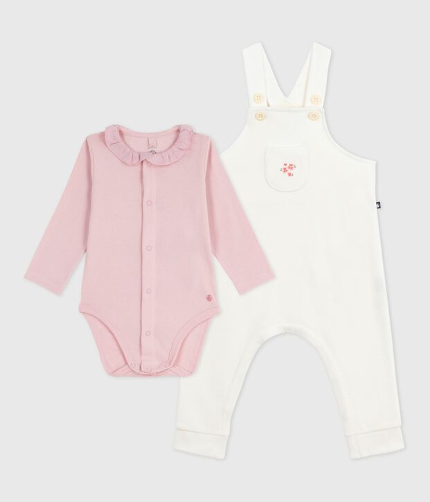 Set con salopette in cotone tinta unita con dettagli raffinati neonata ecru/rosa