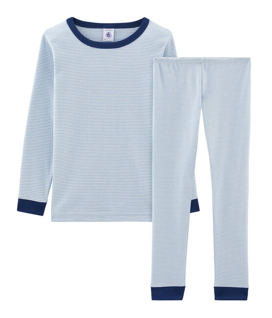 Pigiama bambino a costine modello molto aderente blu ACIER/bianco MARSHMALLOW