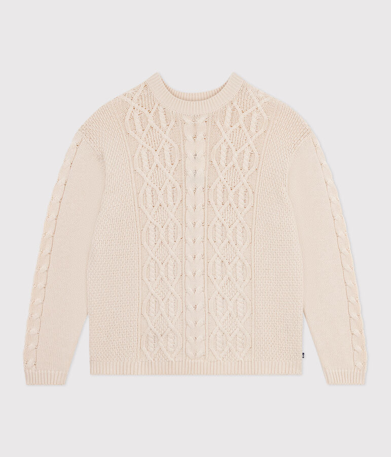 Maglione in misto lana e cotone tinta unita a trecce donna ecru