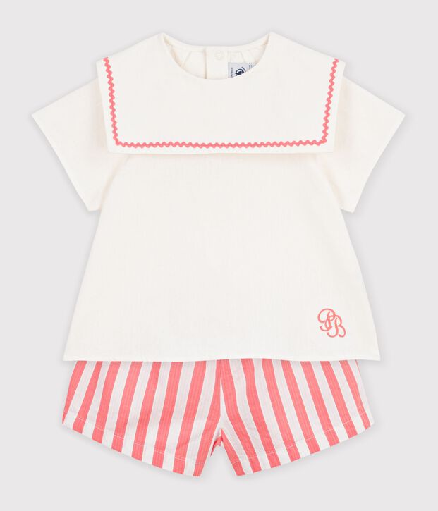 Completo neonato 2 pezzi in misto cotone/lino con top con colletto alla marinara rosa/bianco