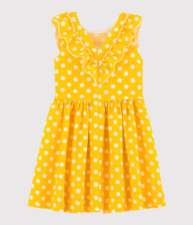Abito manica corta in lino bambina giallo/bianco