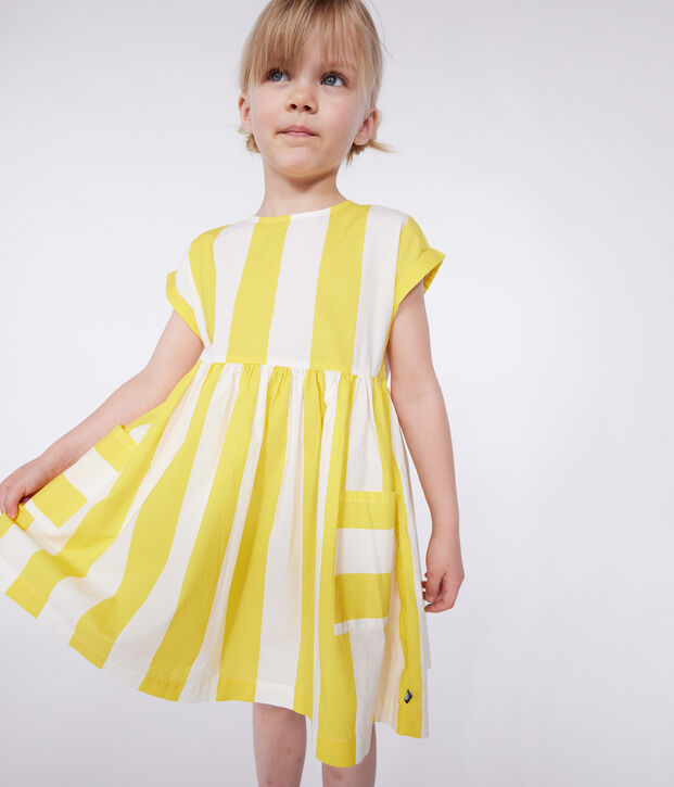 Abito a maniche corte in cotone a righe bambina bianco/giallo