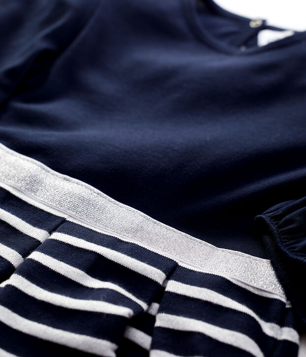 Abito bambina  a maniche lunghe in cotone blu/MARSHMALLOW ARGENT BRILLANT