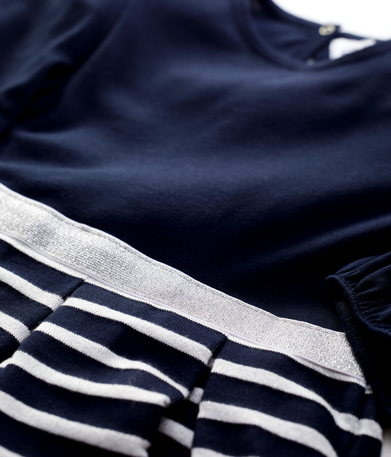 Abito bambina  a maniche lunghe in cotone blu SMOKING/ MARSHMALLOW ARGENT BRILLANT