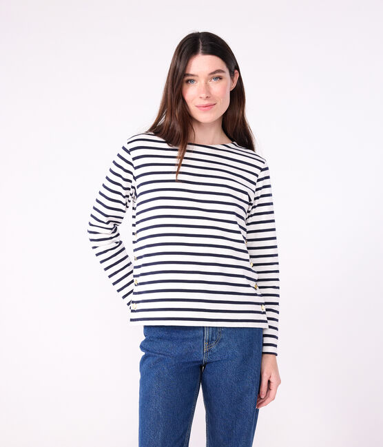 Marinière donna in cotone bianco MARSHMALLOW/blu SMOKING