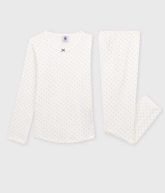 Pigiama bambina traforato a pois in cotone biologico bianco MARSHMALLOW/ POLOCHON