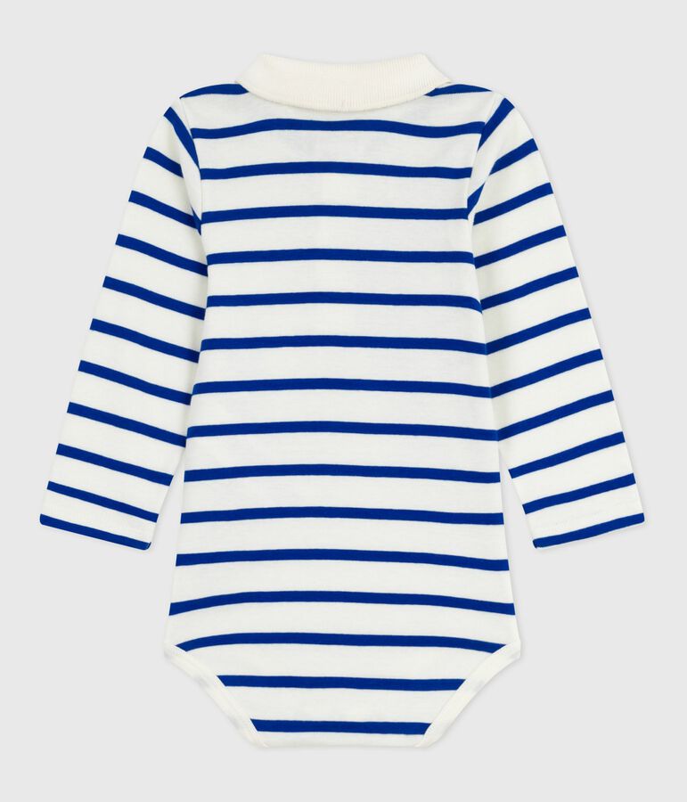 Body in cotone a righe con colletto a polo neonato ecru/blu