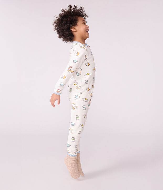 Pigiama bambino in tubique con stampa colazione bianco/multicolore
