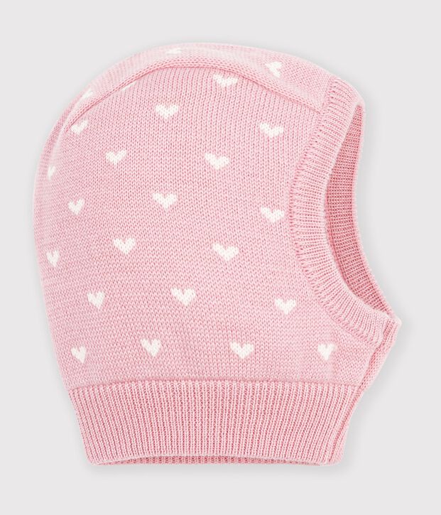 Passamontagna in misto lana e cotone con stampa a cuori neonata rosa/bianco