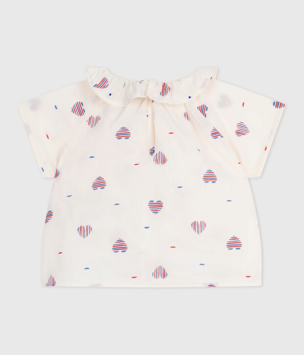 Blusa neonato a maniche corte in cotone con cuore stampato ecru/multicolore