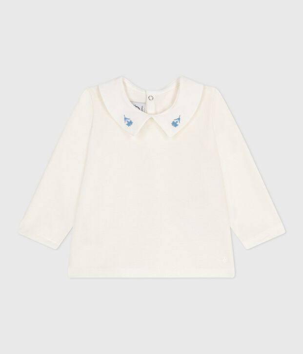 Blusa a maniche lunghe in cotone con colletto ricamato neonato bianco