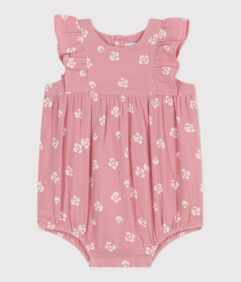 Pagliaccetto neonato senza maniche in garza di cotone con stampa a fiori rosa CHARME/bianco MARSHMALLOW
