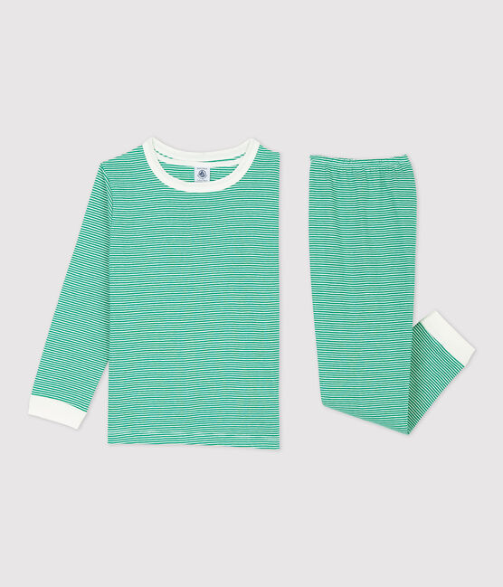 Pigiama bambina/bambino millerighe verde in cotone biologico verde PIVERT/bianco MARSHMALLOW