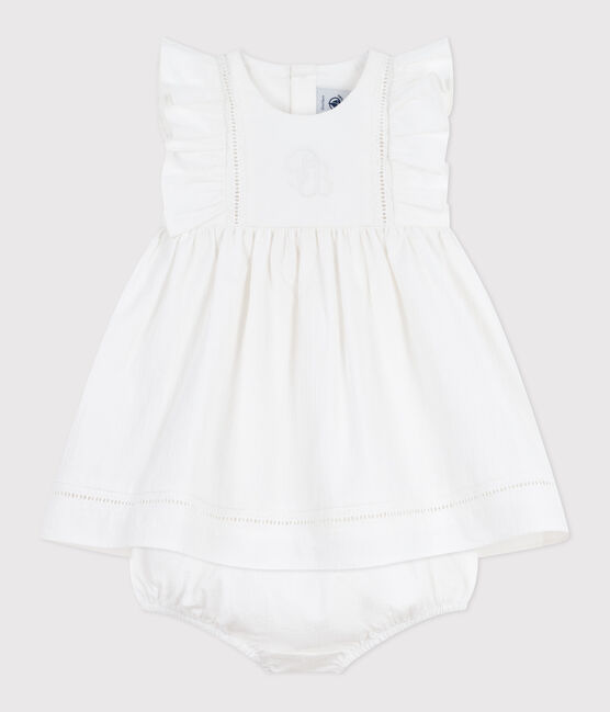 Abito senza maniche in cotone tinta unita ricamato, con bloomer abbinato neonata bianco ECUME