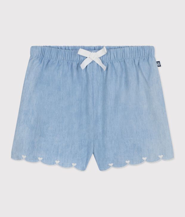 Shorts in chambray ricamato neonata blu