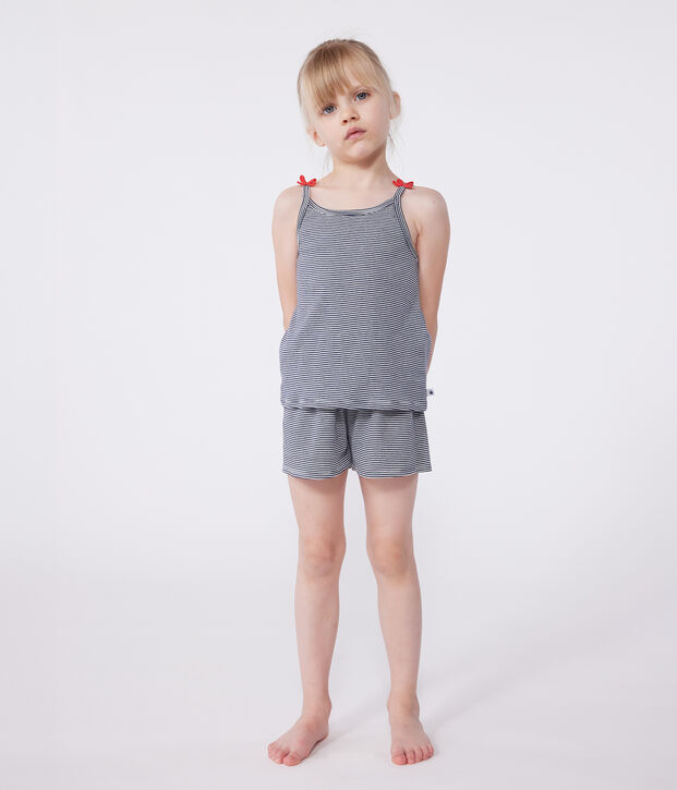 Pigiama corto in cotone a righe con spalline bambina blu/bianco