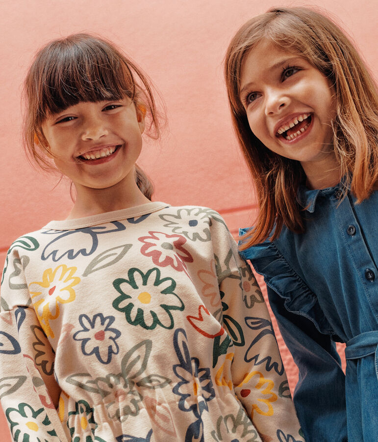 Abito a maniche lunghe in tessuto felpato bambina ecru/multicolore