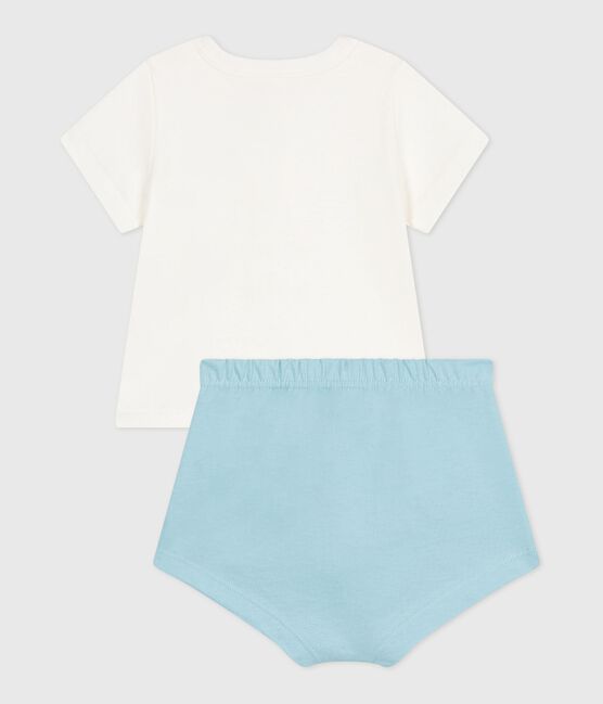 Completo nascita due pezzi in cotone con parte inferiore tinta unita blu MARSHMALLOW/ AQUATIC