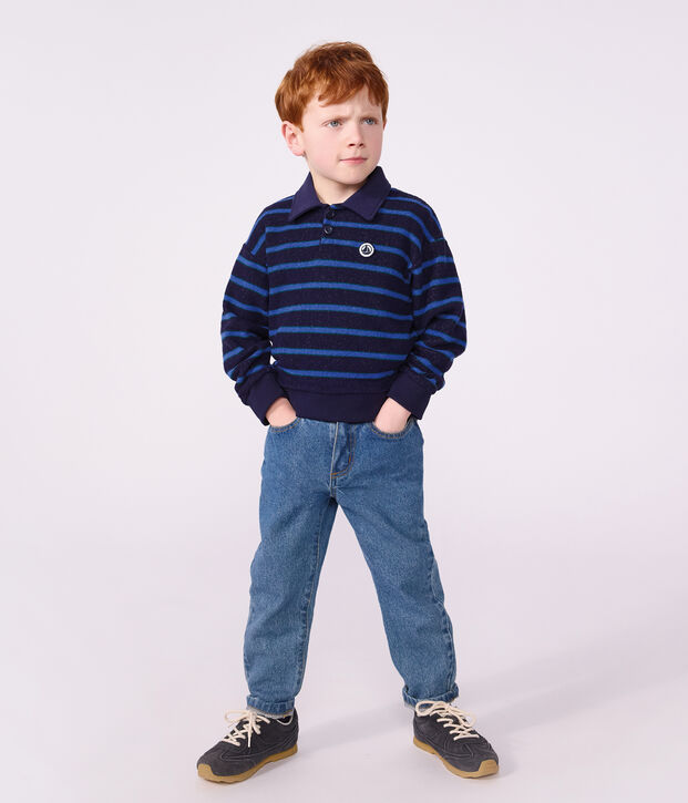 Felpa con colletto a polo in cotone a righe bambino blu/verde/blu