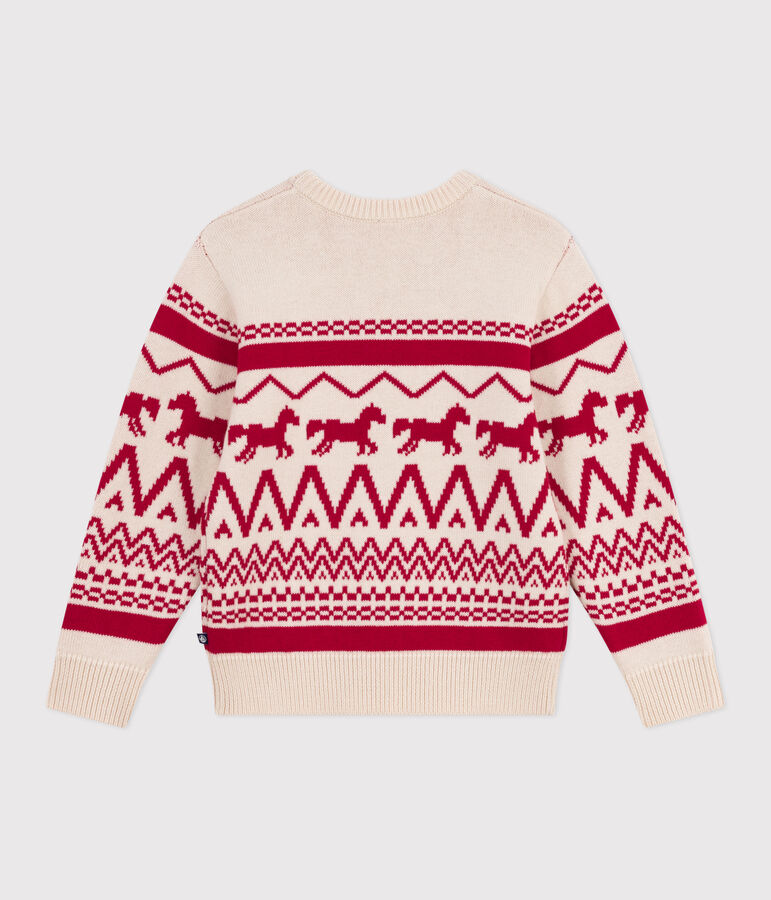 Pullover in lana e cotone fantasia bambino ecru/rosso