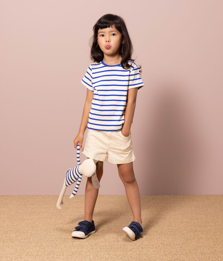 T-shirt bambina in cotone a righe ecru/blu
