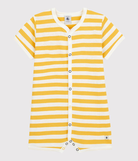 Tutina corta a righe bebè in cotone giallo OCRE/bianco MARSHMALLOW