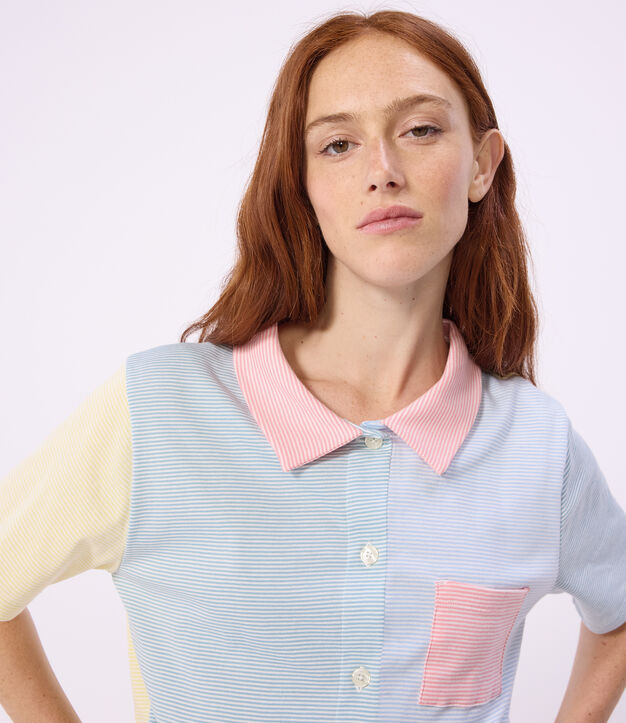 Pigiama con pantalonicini da donna in cotone a righe e bottoni sul davanti bianco/multicolore