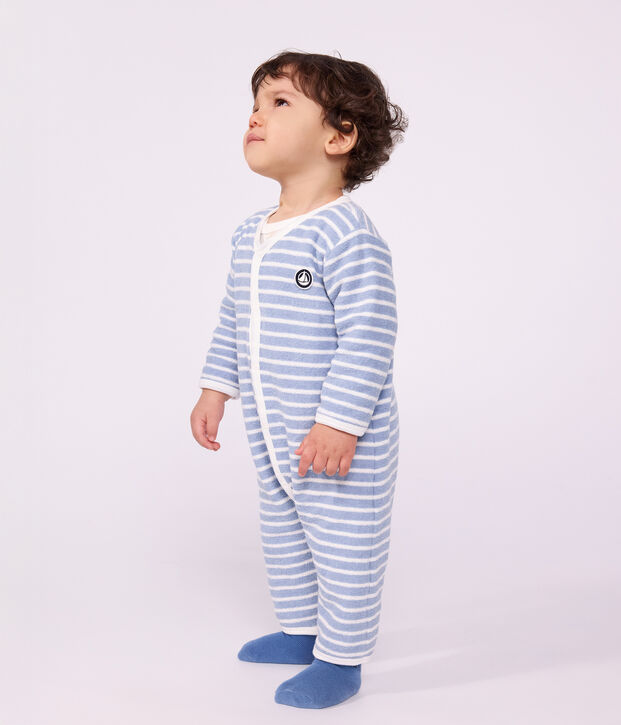 Pigiama senza piedini in spugna di cotone a righe neonato blu/ecru