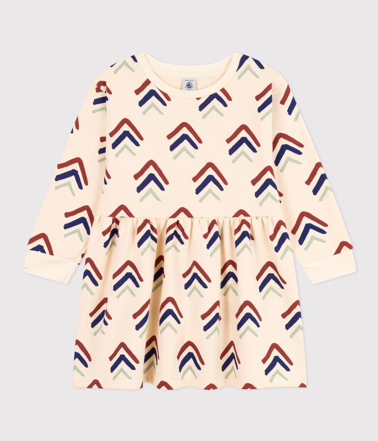 Abito bambina a maniche lunghe in tessuto felpato stampato ecru/blu/multicolore