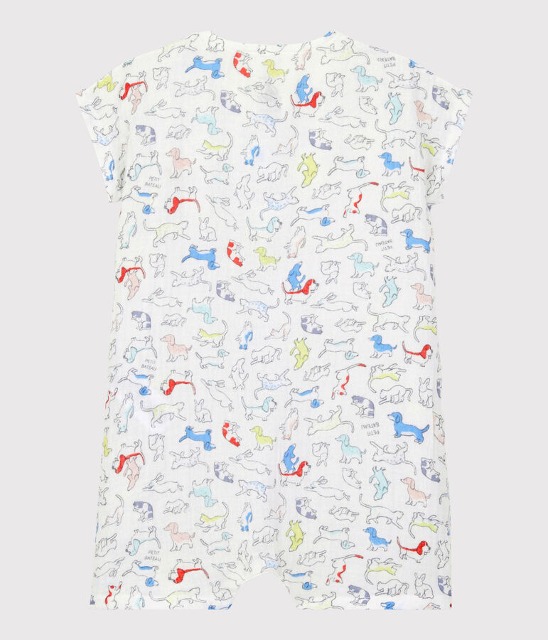 Tuta corta cuccioli colorati beb&egrave; in tessuto goffrato di cotone biologico bianco/multicolore