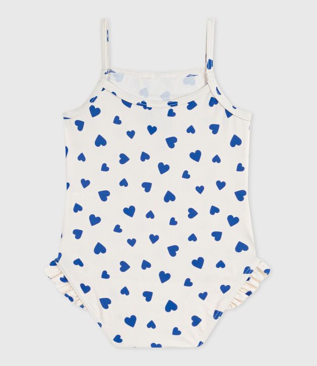 Costume da bagno intero con stampa a cuori e volant neonata bianco/blu