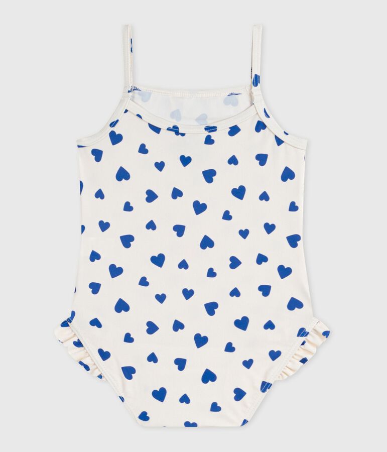 Costume da bagno intero con stampa a cuori e volant neonata bianco/blu