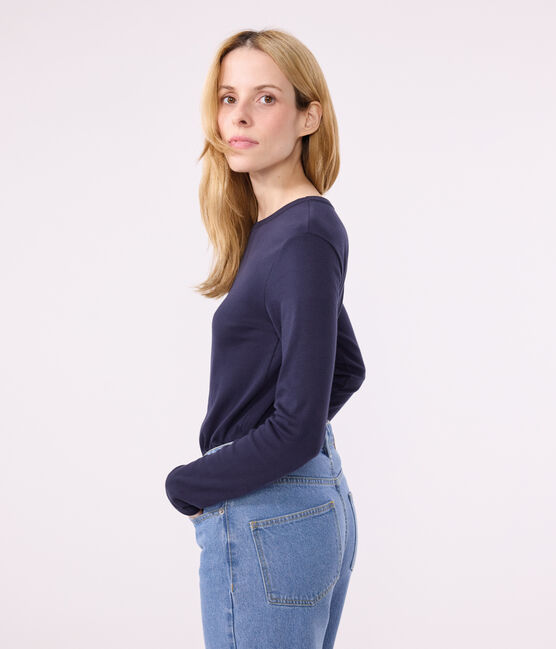T-shirt Iconica a maniche lunghe a coste tinta unita donna blu SMOKING