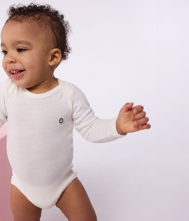 Body a maniche lunghe in lana e cotone neonato beige