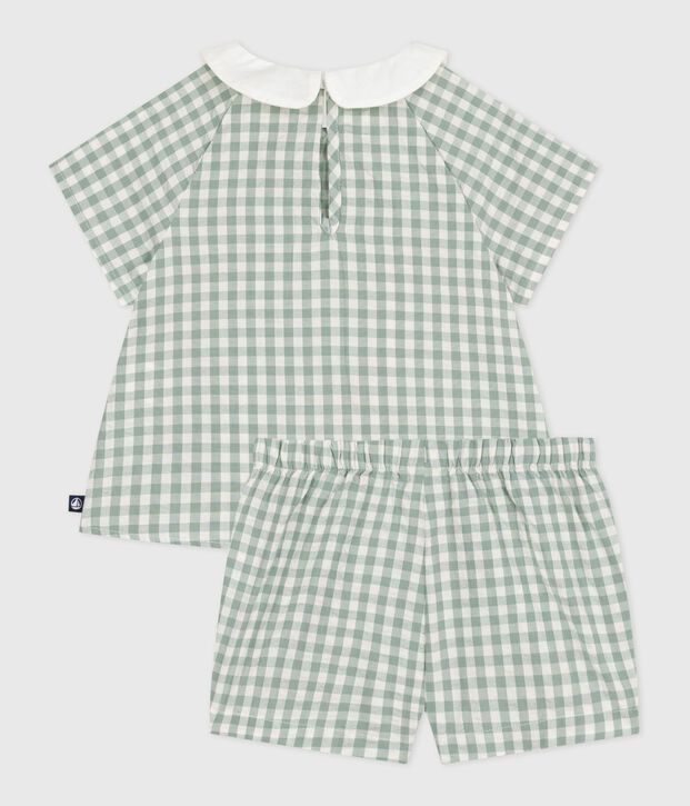 Set neonato due pezzi in cotone composto da blusa e shorts a quadretti vichy. verde/bianco
