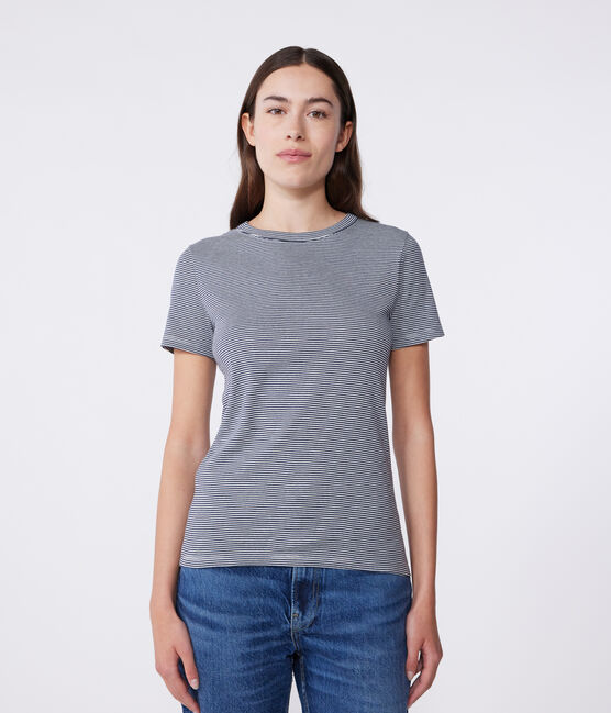 T-shirt L'ICONIQUE girocollo in cotone Donna blu SMOKING/bianco MARSHMALLOW