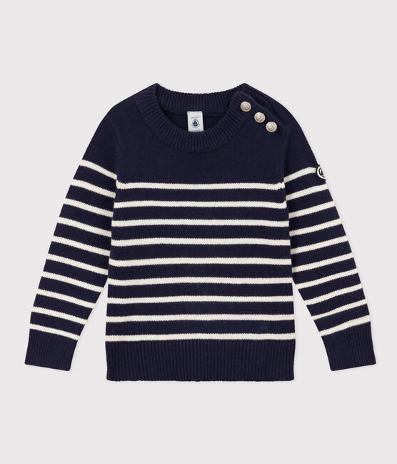 Pullover bambina/bambino in lana e cotone blu SMOKING/bianco MARSHMALLOW
