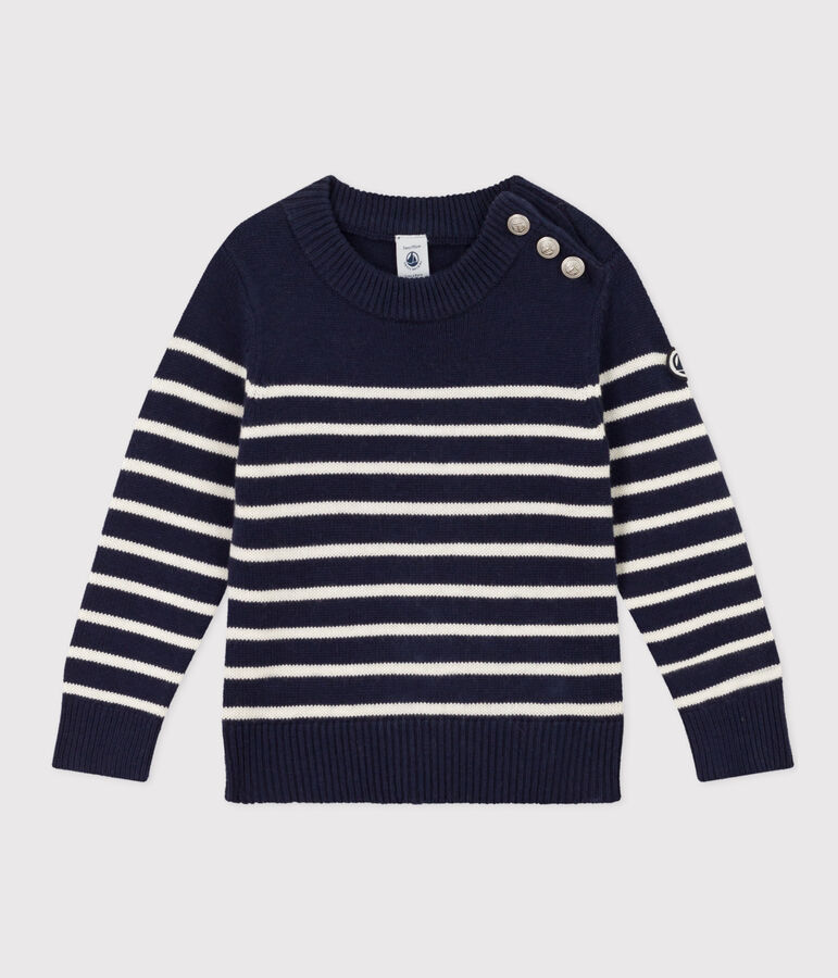 Pullover bambina/bambino in lana e cotone blu/bianco