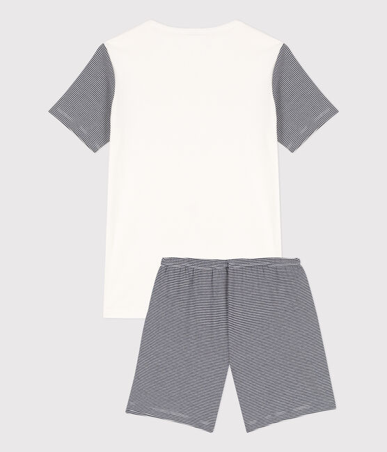 Pigiama corto bambino in cotone millerighe blu SMOKING/bianco MARSHMALLOW