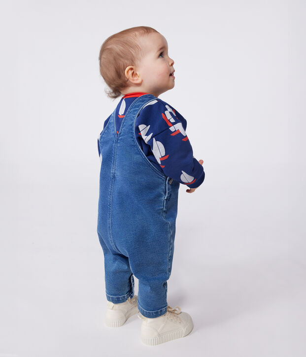 Salopette neonato in denim ed elastan a gamba lunga blu