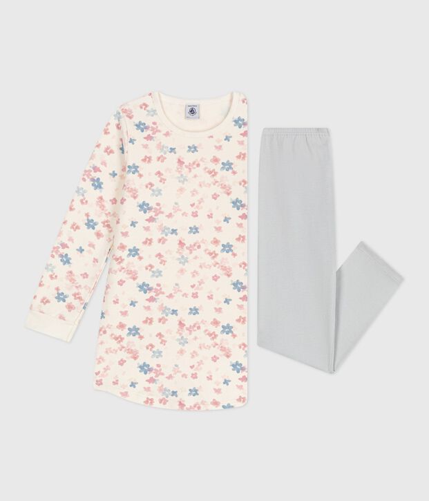 Camicia da notte e leggings bambina in tessuto felpato con stampa a fiori ecru/multicolore