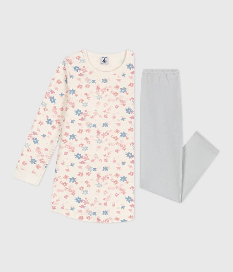 Camicia da notte e leggings bambina in tessuto felpato con stampa a fiori ecru/multicolore