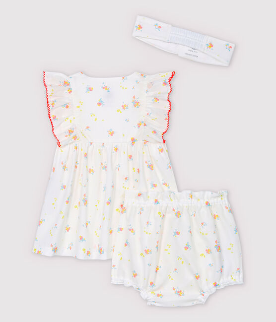 Abito senza maniche con bloomer e fascia bebè femmina in popeline di cotone biologico bianco MARSHMALLOW/bianco MULTICO