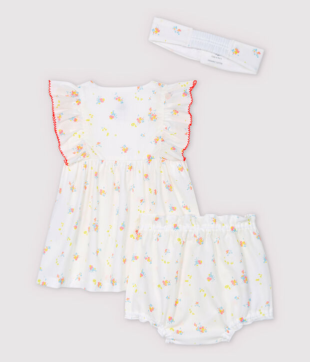 Abito senza maniche con bloomer e fascia beb&egrave; femmina in popeline di cotone biologico bianco/multicolore