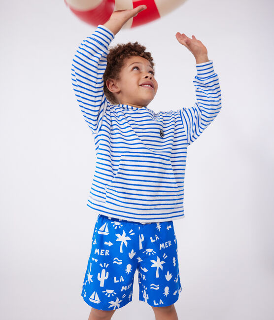 Felpa con cappuccio bambino unisex in spugna di cotone a righe blu MARSHMALLOW/ PORCELANA