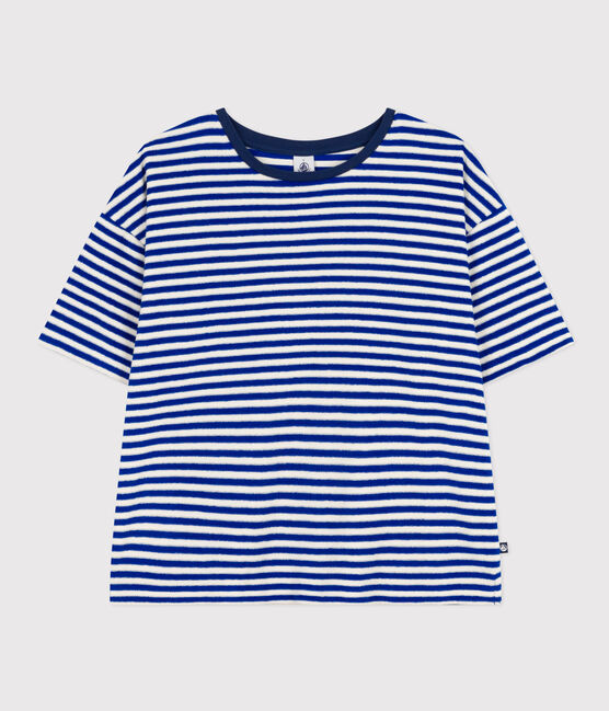 T-shirt LE BOXY in spugna di cotone rigata donna blu SURF/ AVALANCHE