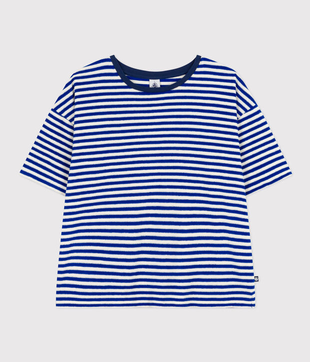 T-shirt LE BOXY in spugna di cotone rigata donna blu/ecru