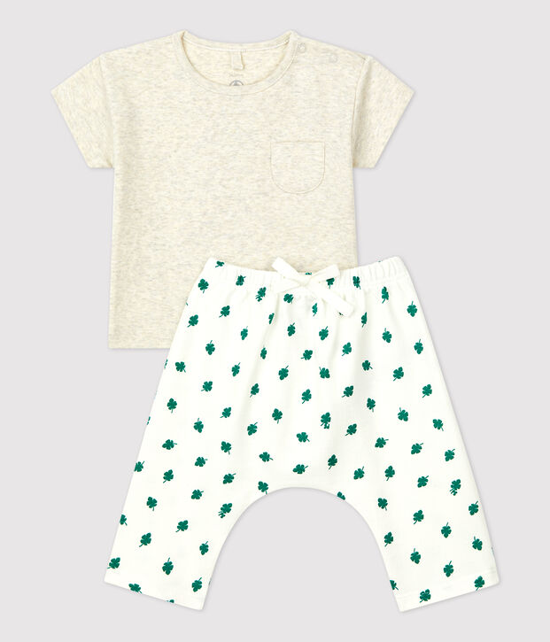 Completo 2 pezzi fantasia vegetale in tessuto felpato biologico beb&egrave; beige/multicolore