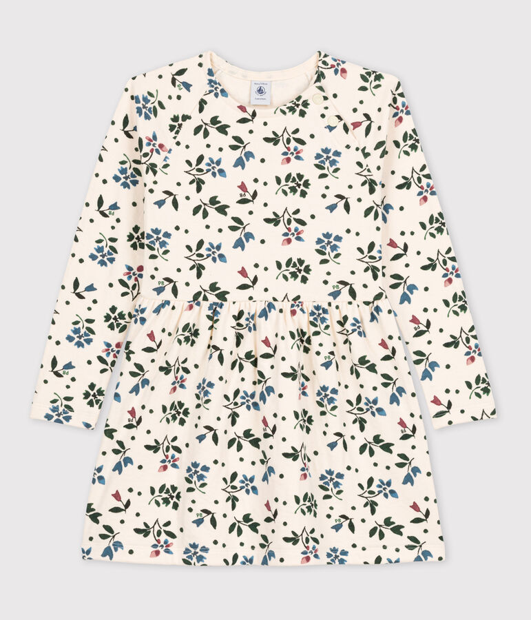 Abito bambina a maniche lunghe in tubique a fiori ecru/multicolore